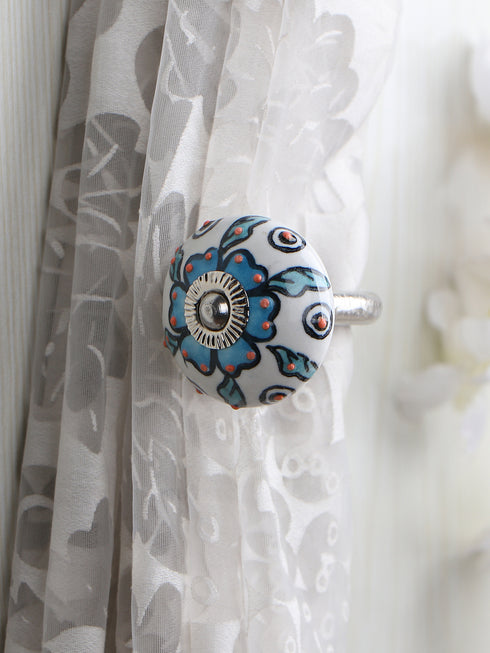 WHITE BASE TURQUOISE LEAF DESIGN CURTAIN TIE BACKS HOOK - (SET OF TWO PIECES)